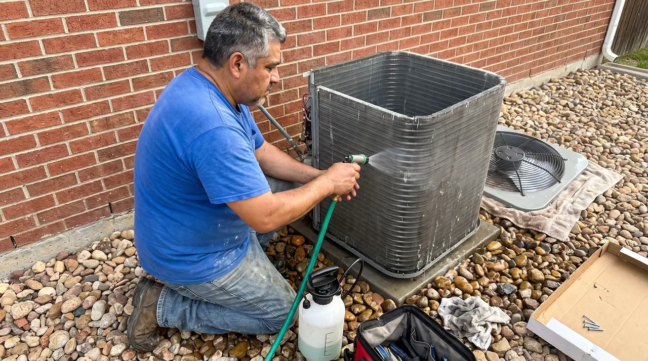 Technician rinsing an air conditioner coil with a garden hose, the fan top set aside
