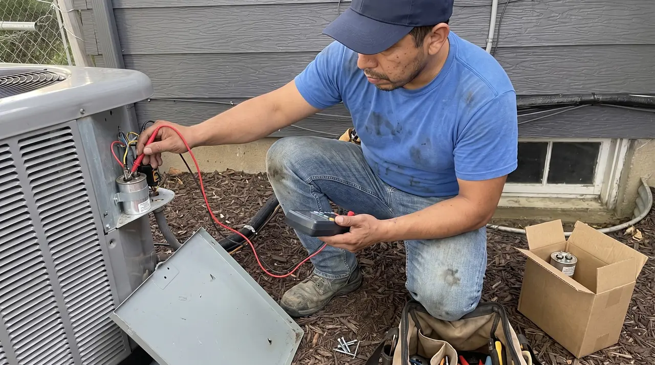 Technician testing an air conditioner's capacitor with a multimeter, the service panel removed