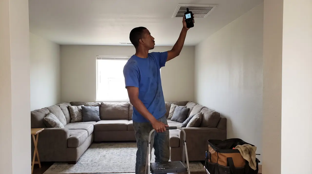 Technician holding an indoor air quality monitor up to a ceiling supply vent
