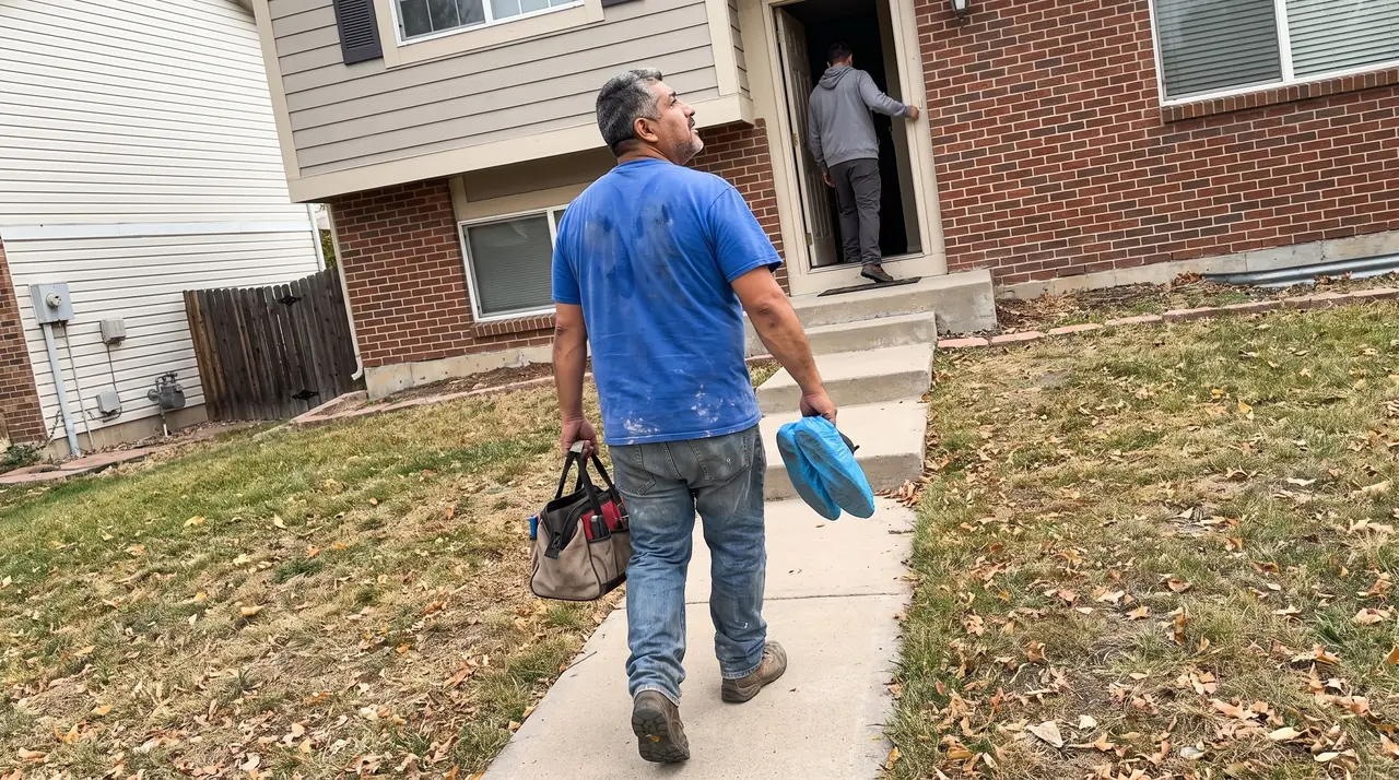 Technician walking up the front walk of a home with a tool bag and shoe covers