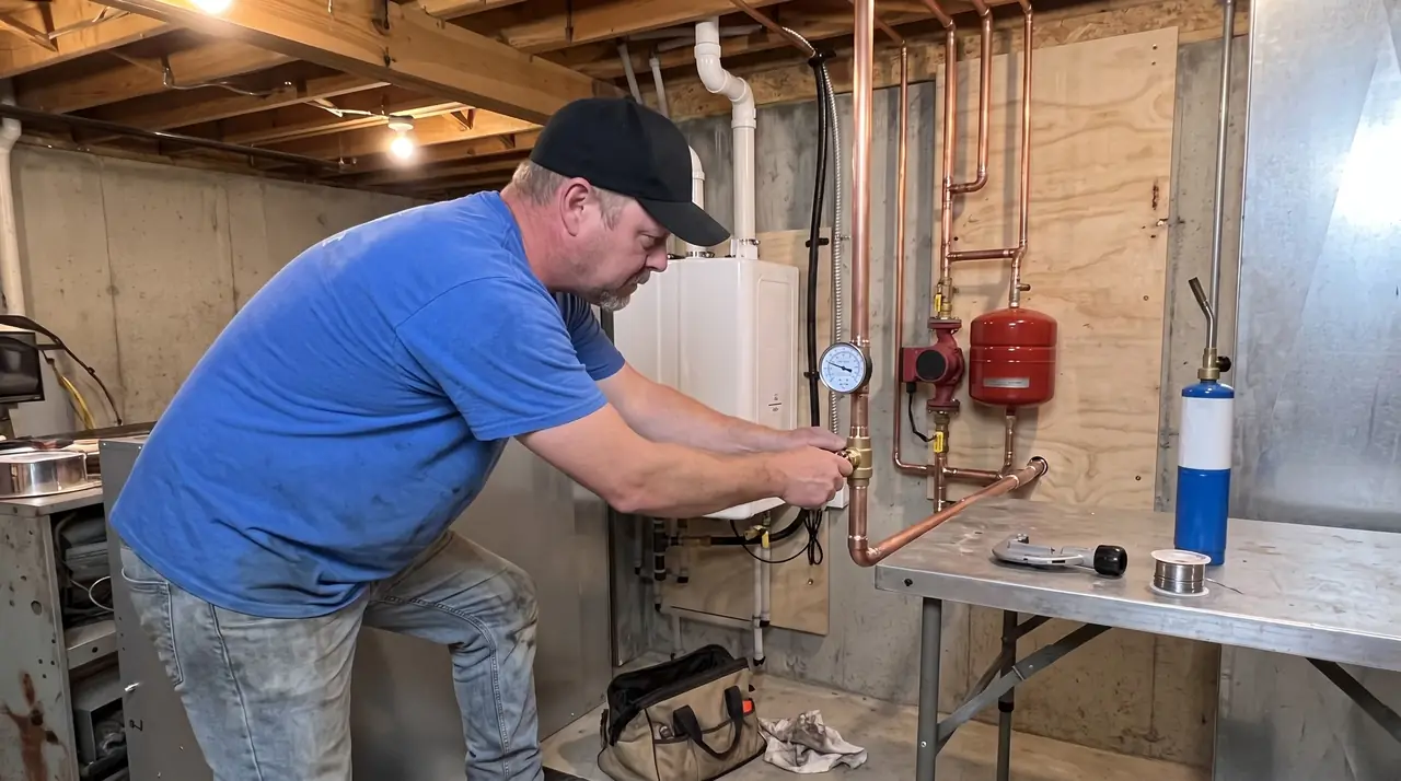 Technician filling a new wall-hung boiler while watching the pressure gauge