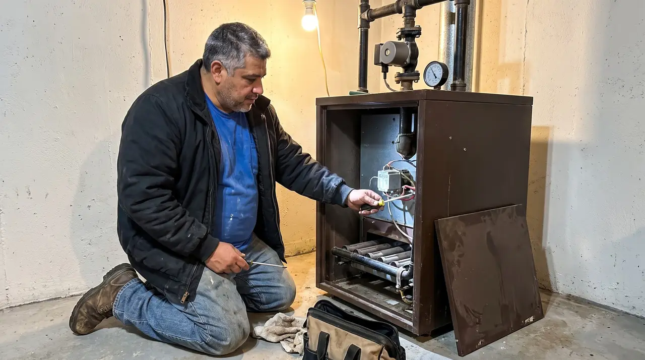 Technician servicing an older floor-standing boiler with its burner door removed