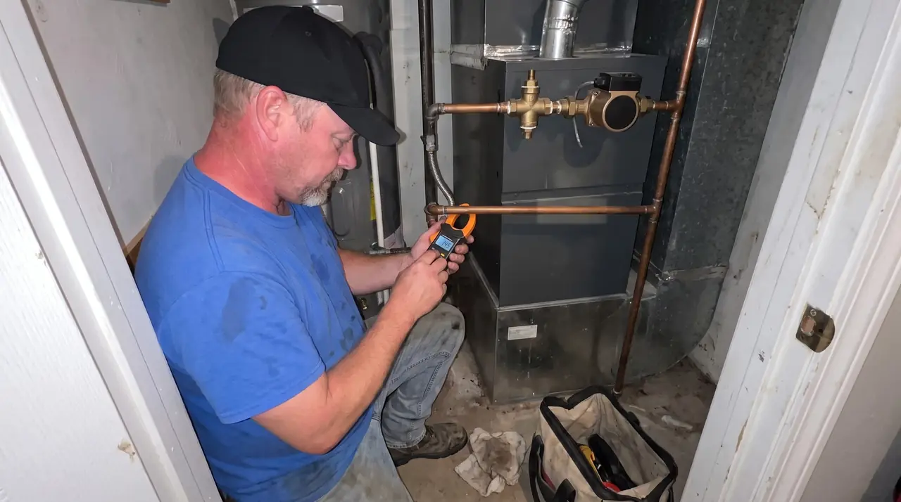 Technician testing the water heater that feeds a condo's hydronic air handler