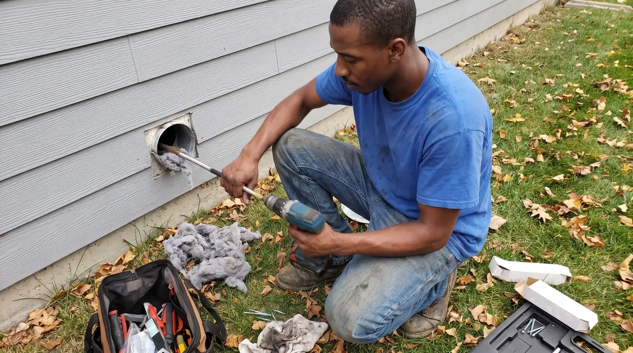 Technician feeding a rotary brush into an exterior dryer vent on a home's siding