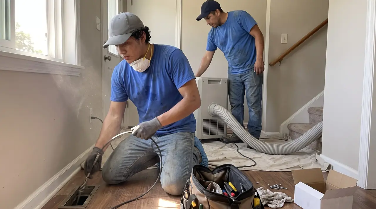 Two technicians cleaning a floor vent with a duct-cleaning hose and air machine