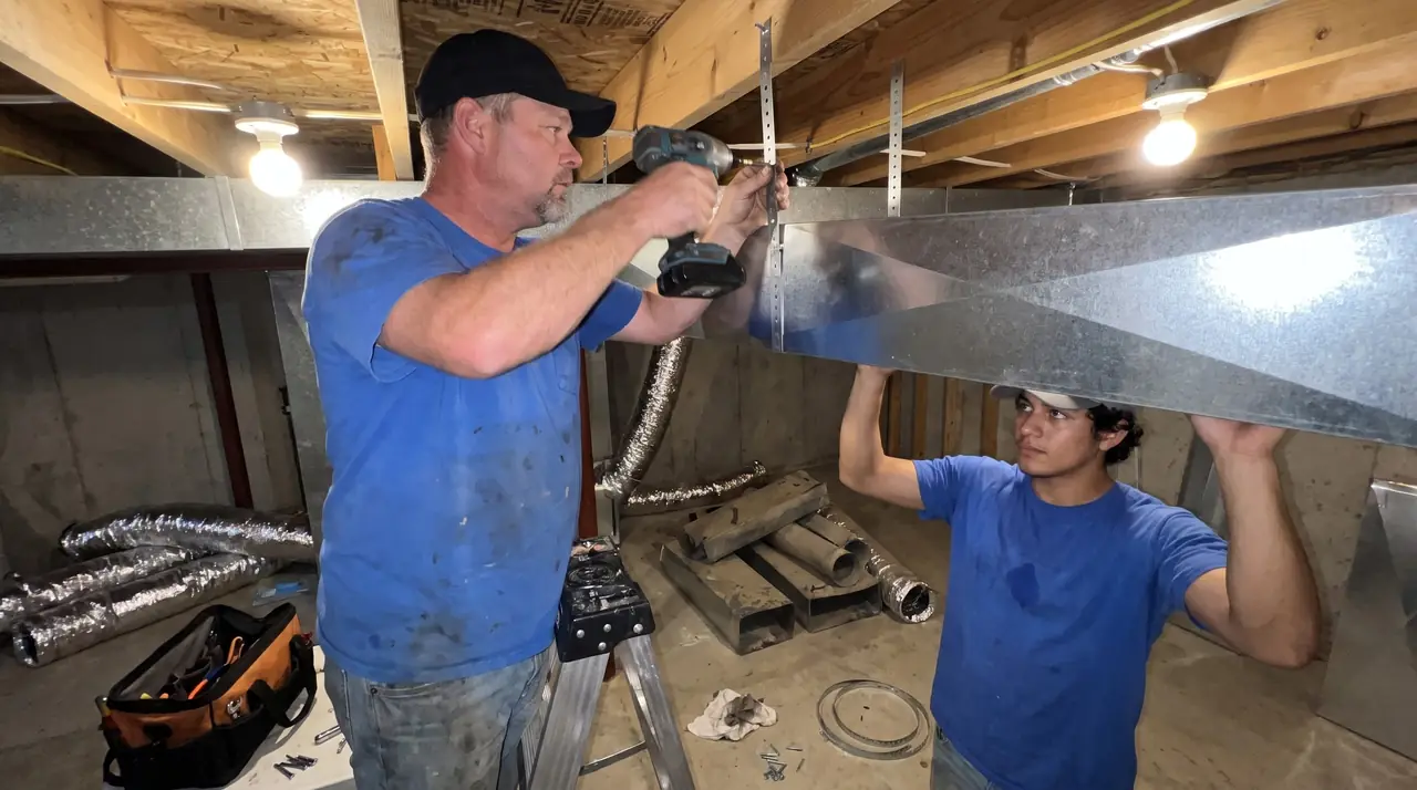 Two technicians hanging a new duct trunk line between basement joists