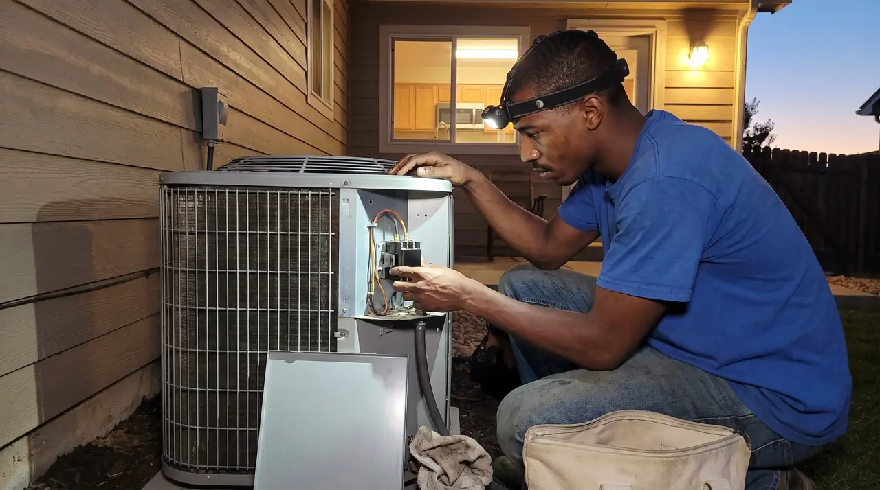 Technician wearing a headlamp working in an air conditioner's control panel at dusk