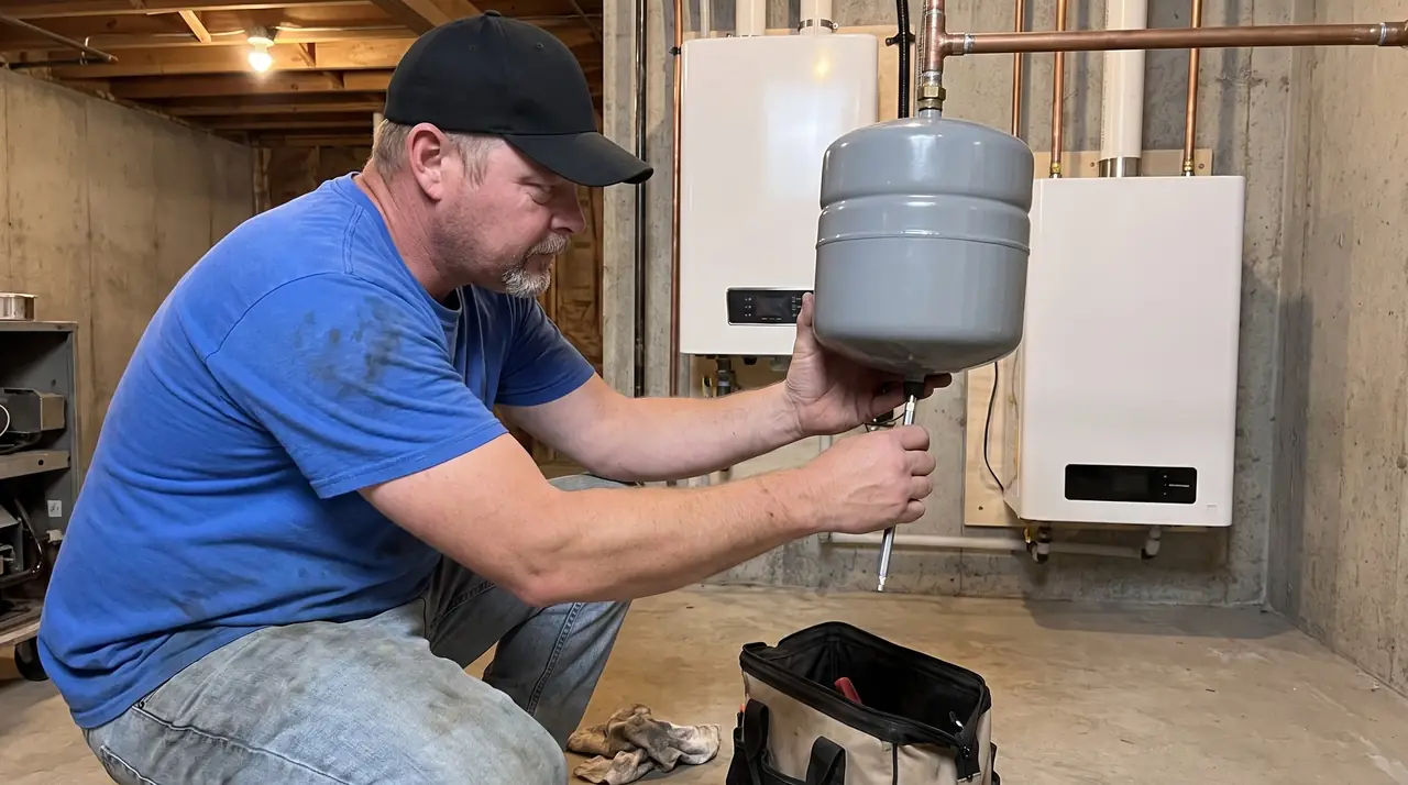 Technician checking the expansion tank on a basement boiler system
