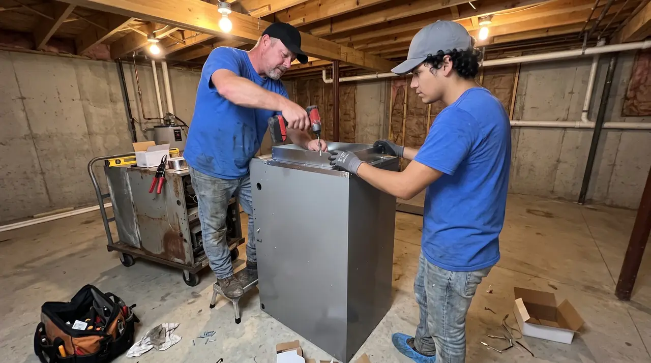 Two technicians installing a new furnace in an unfinished basement