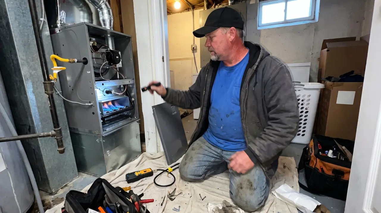 Technician inspecting the burners of an open gas furnace with a flashlight