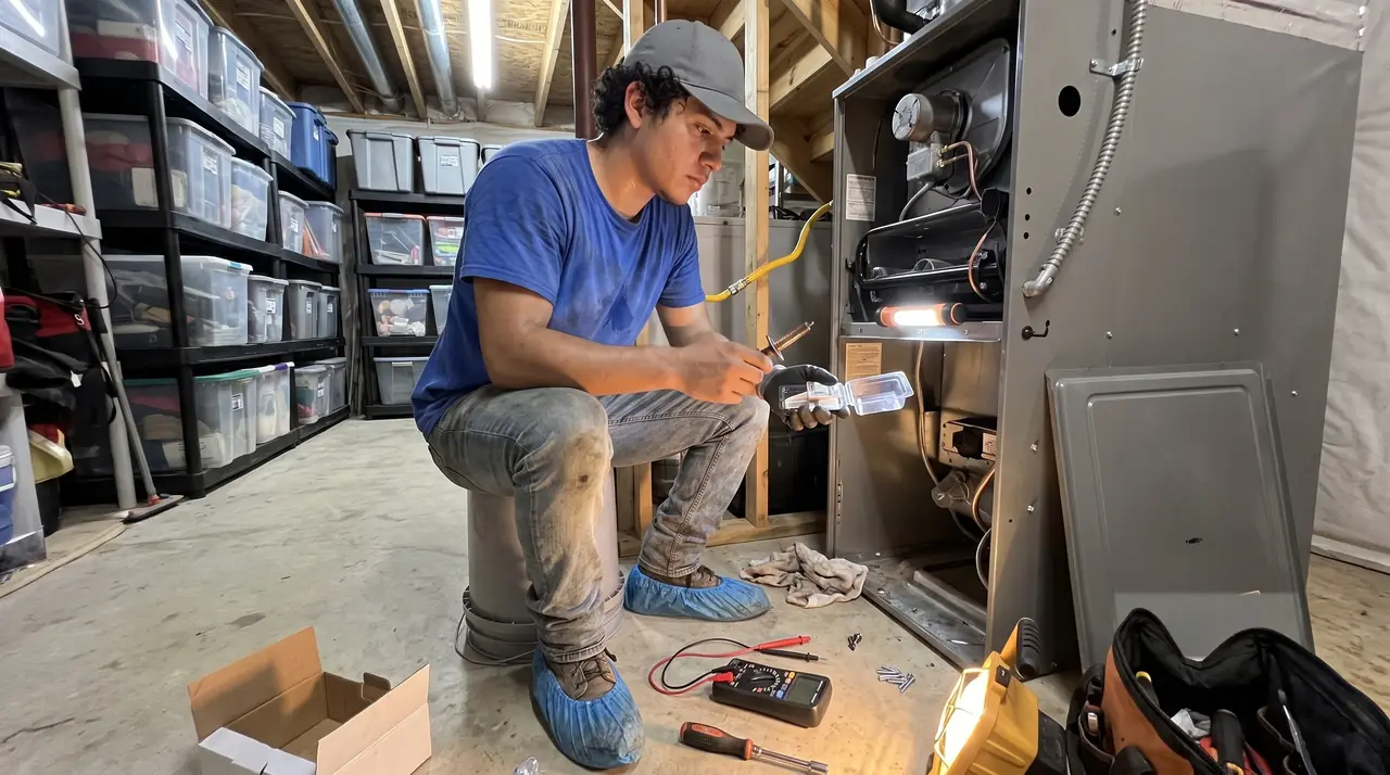 Technician working on the igniter of an open gas furnace in a basement