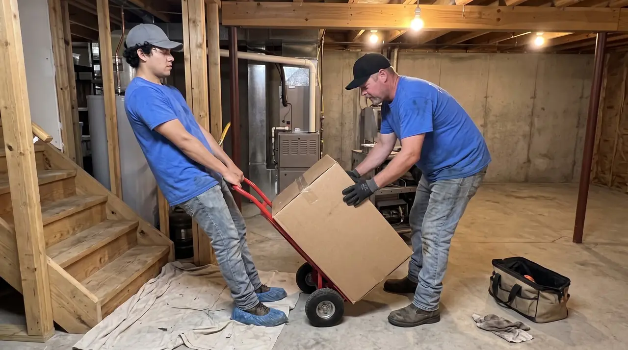 Two technicians bringing a new furnace down to a basement on a hand truck