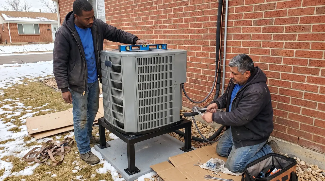 Two technicians levelling and connecting a heat pump on a raised stand above the snow