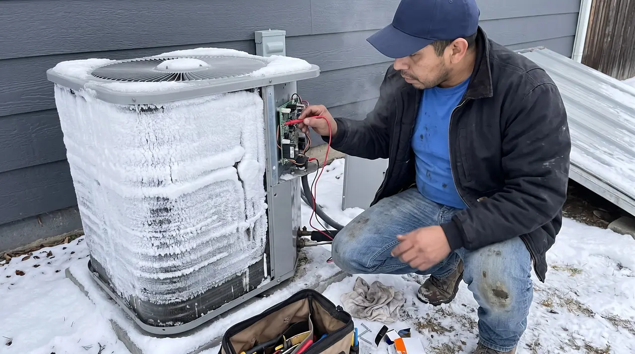 Technician testing the control board of a frosted heat pump in the snow