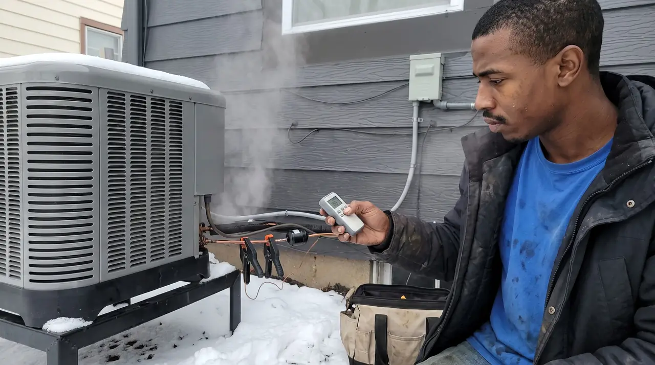 Technician checking a cold-climate heat pump running in the snow