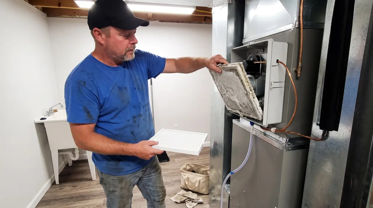 Technician replacing the water panel of a whole-home humidifier mounted on the ductwork