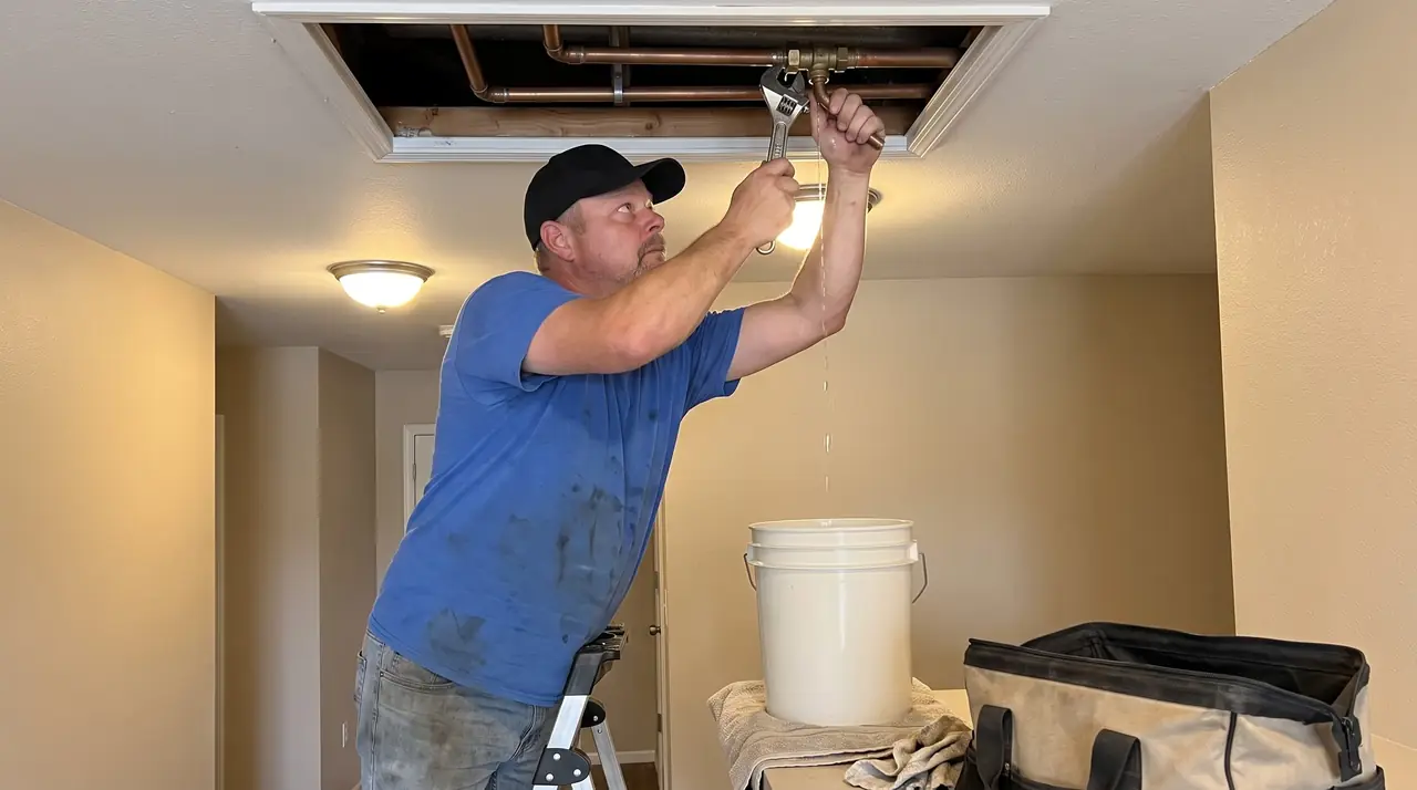 Technician tracing a drip at a ceiling hydronic coil above a catch bucket