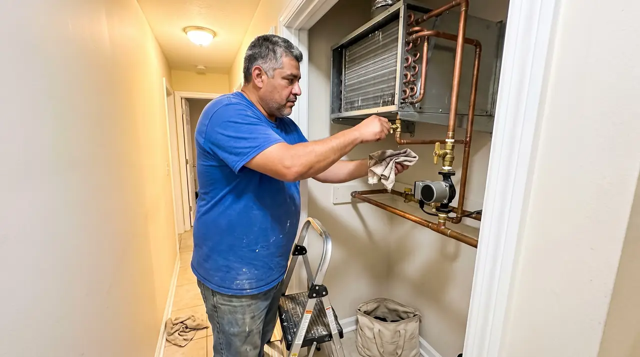 Technician bleeding air from a hydronic air handler in a condo utility closet