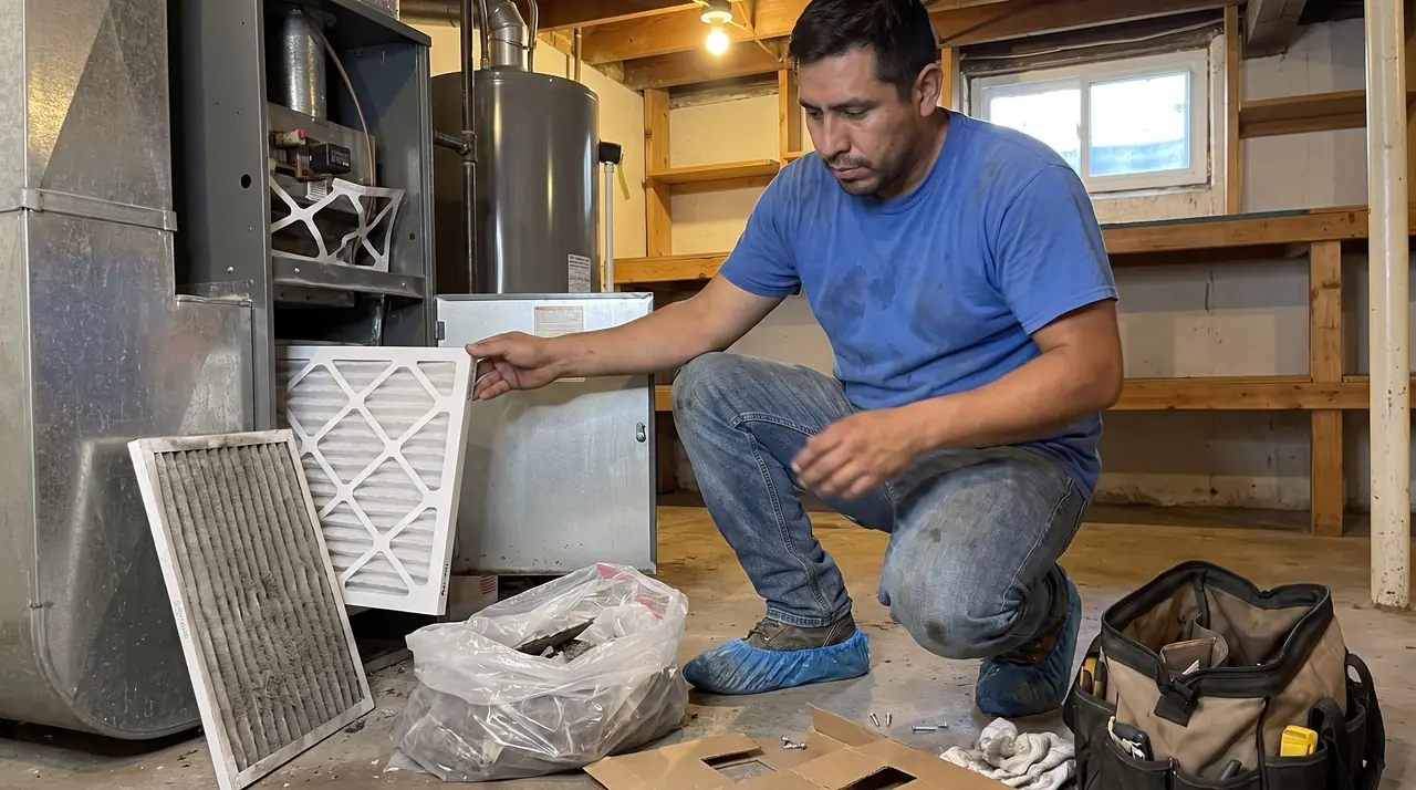 Technician swapping a dirty furnace filter for a new pleated filter
