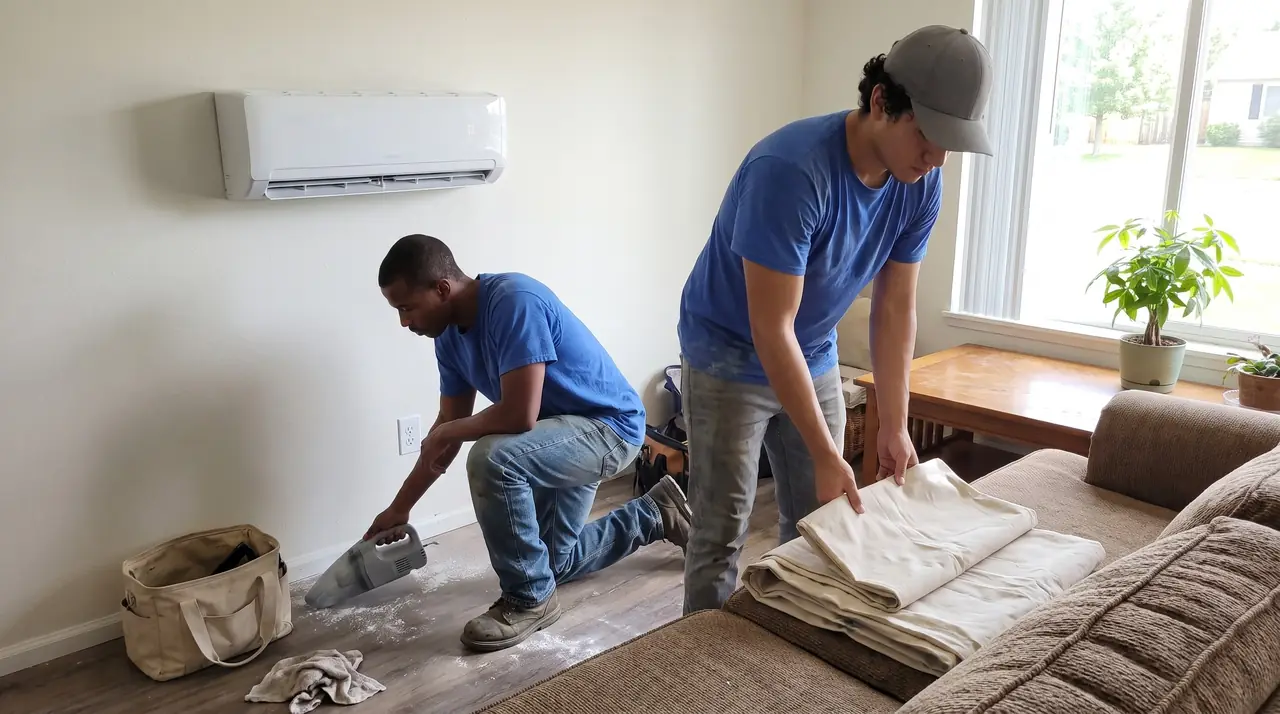 Two technicians cleaning up a living room after installing a ductless mini-split