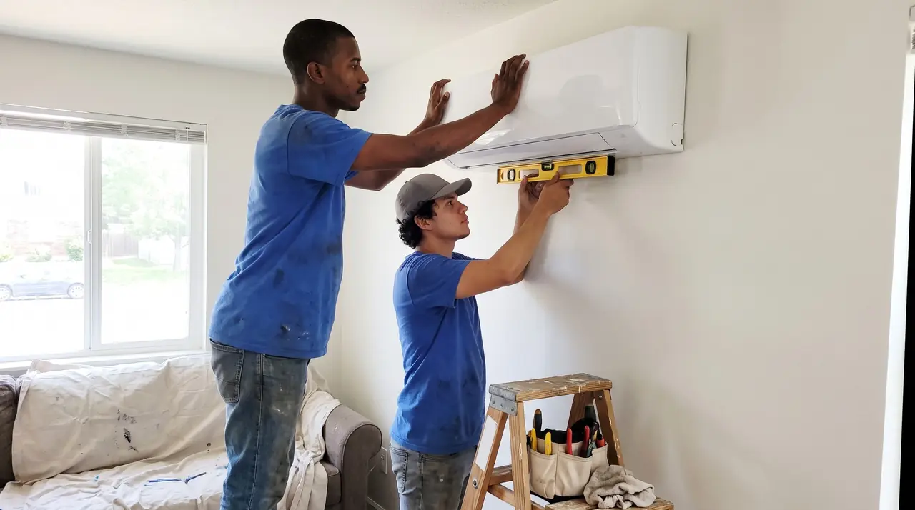 Two technicians levelling a ductless mini-split head on a living-room wall