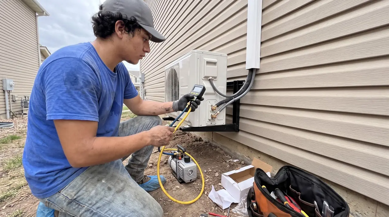 Technician pulling a vacuum on a mini-split line set beside its outdoor unit