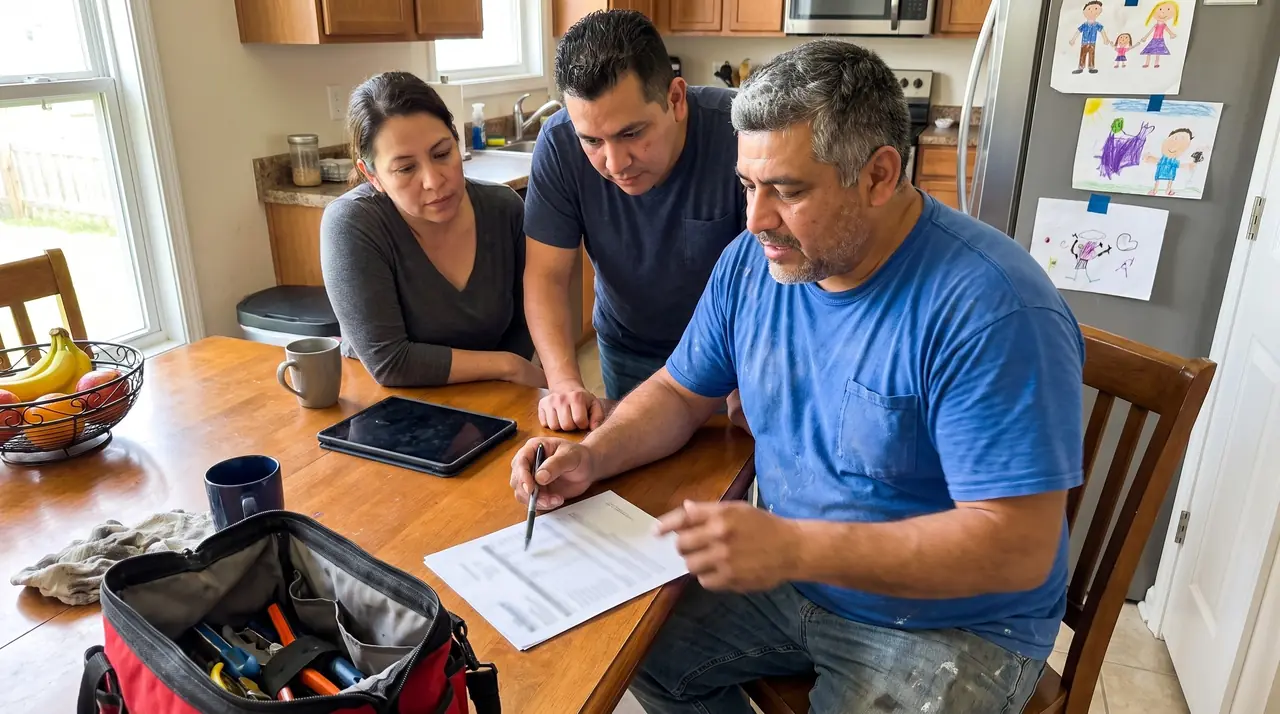 Technician going over a heat pump quote and rebate paperwork with homeowners at a kitchen table