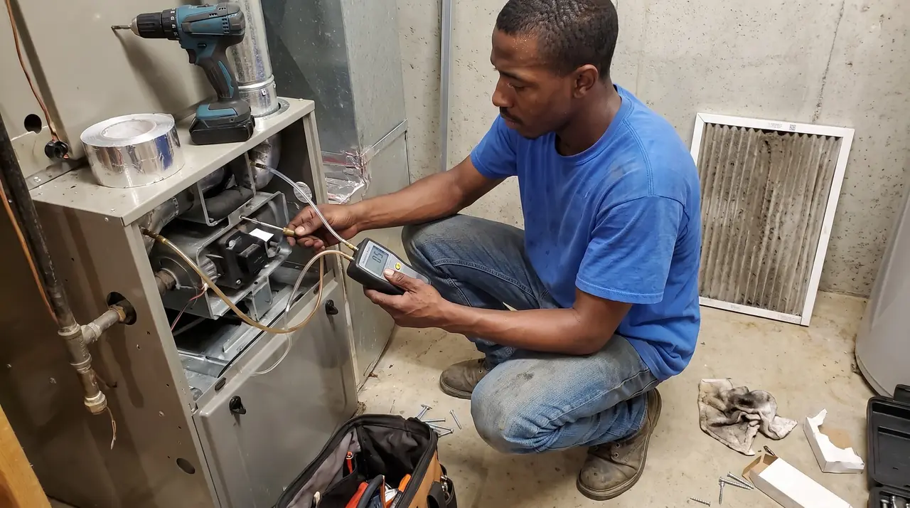 Technician measuring static pressure at a furnace with a manometer