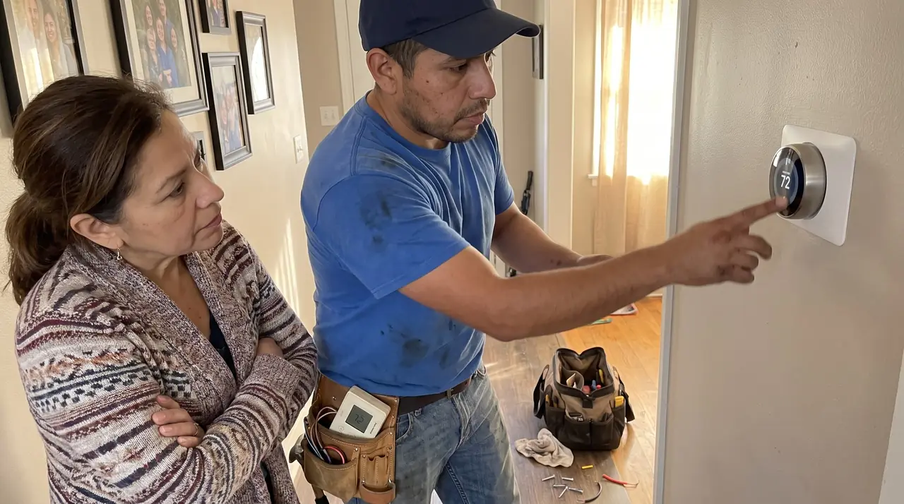 Technician setting up a wall thermostat while a homeowner watches