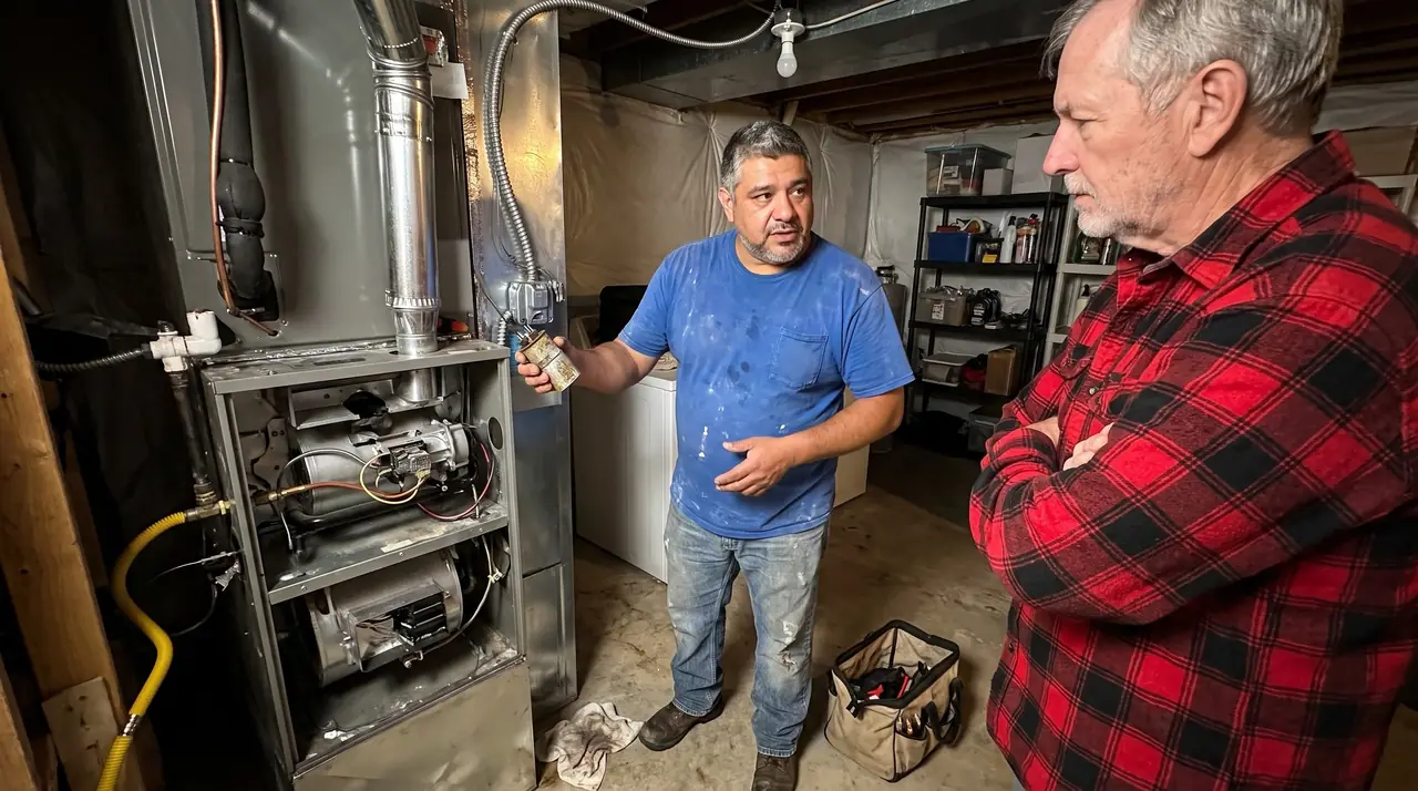Technician explaining two repair options to a homeowner beside a basement furnace